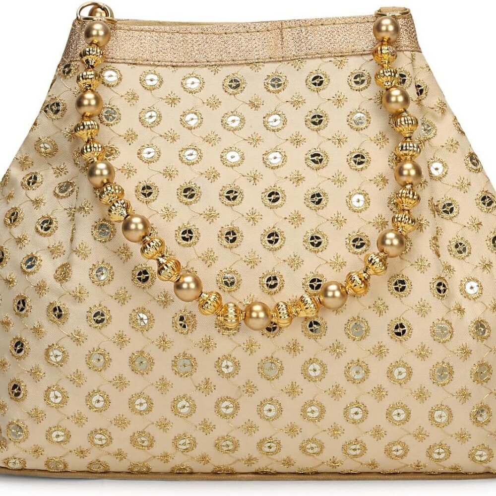 Women Embroidered Silk Evening Purses with Gold Pearl Handle for Weddings